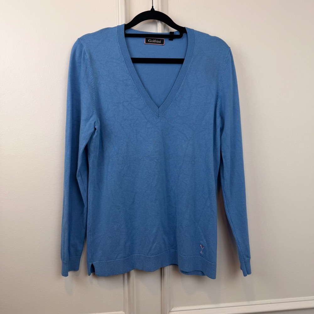 Golftini Womens Blue V-Neck Long Sleeve Martini Logo Knit Sweater Size Medium